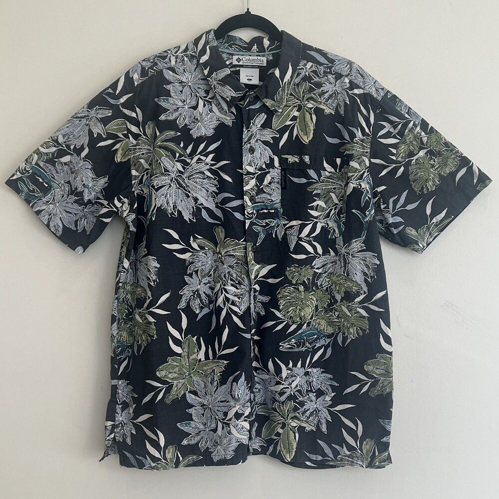 Columbia Mens Shirt Blue Floral Fish Short Sleeve Aloha Tropical Cotton L